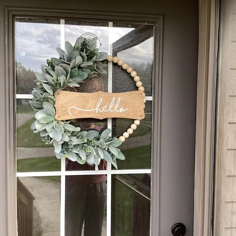 Autumn Artificial Wooden Bead Wreath Door Hanger Farmhouse Welcome Sign Rattan Ring Wall Decor