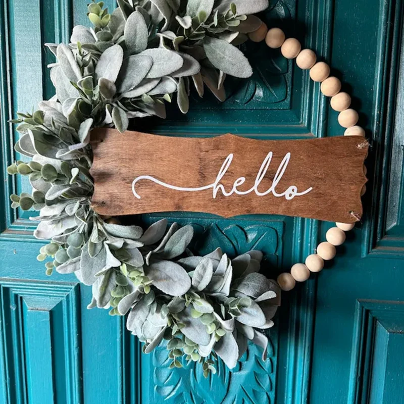 Autumn Artificial Wooden Bead Wreath Door Hanger Farmhouse Welcome Sign Rattan Ring Wall Decor