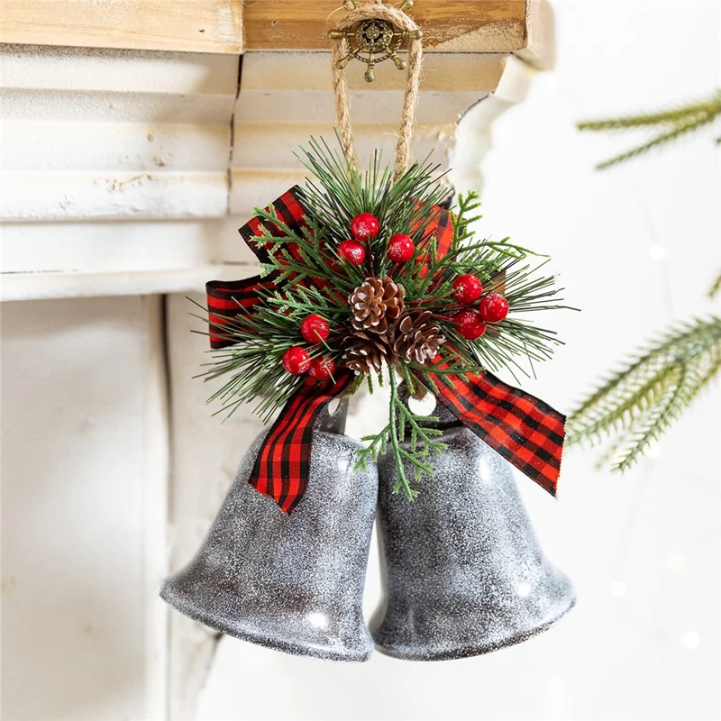 Weihnachtsbaumschmuck Vintage Doppelglocke mit Schleife Dekoration Kunsthandwerkliche Metallverzierung Weihnachtlicher Hängeschmuck - Silbergrau