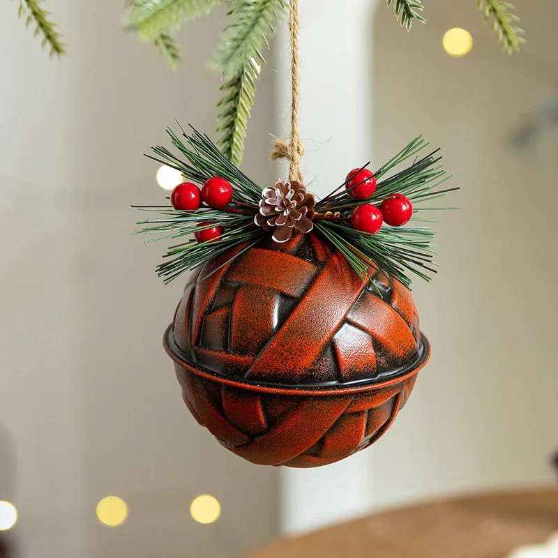 Vintage Christmas Bell Ornament Iron Art Hanging Decoration for Tree Window Holiday Decor - Red