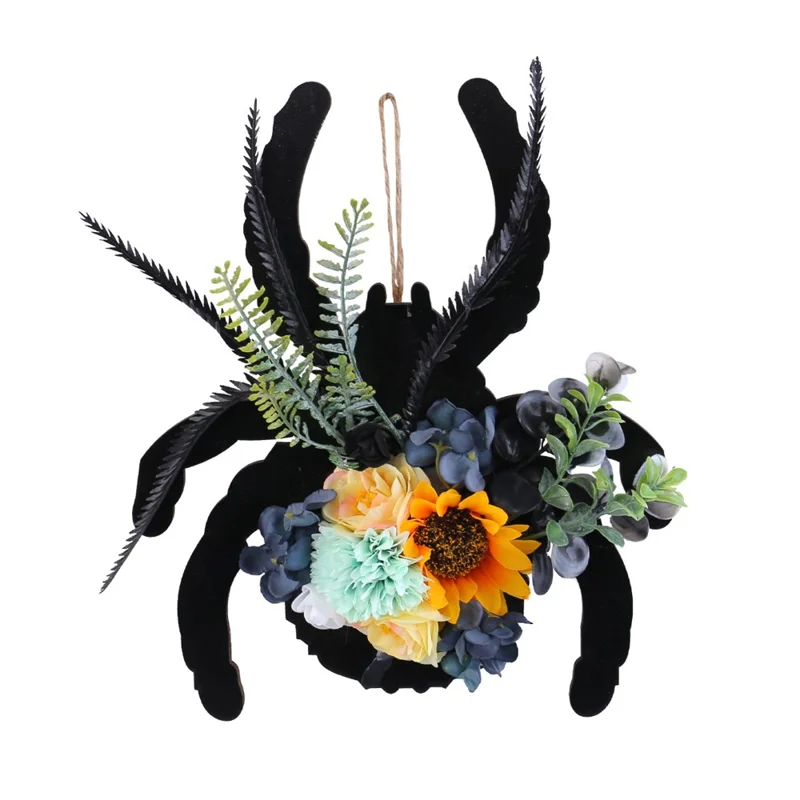 Halloween Spider Wood Sign Wreath Door Hanger Artificial Flower Decorative For Home Window