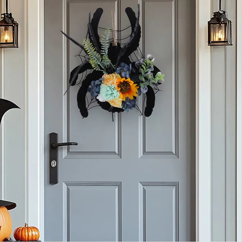 Halloween Spider Wood Sign Wreath Door Hanger Artificial Flower Decorative For Home Window