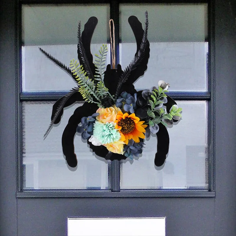 Halloween Spider Wood Sign Wreath Door Hanger Artificial Flower Decorative For Home Window