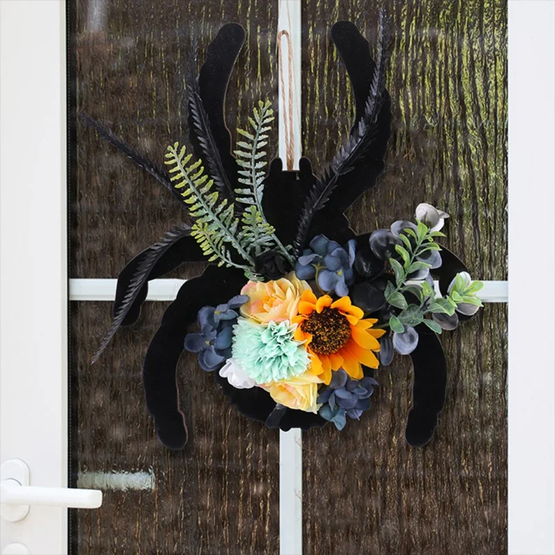 Halloween Spider Wood Sign Wreath Door Hanger Artificial Flower Decorative For Home Window