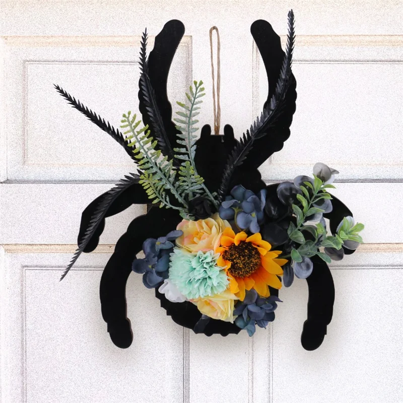 Halloween Spider Wood Sign Wreath Door Hanger Artificial Flower Decorative For Home Window