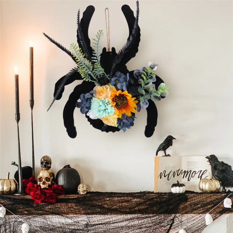 Halloween Spider Wood Sign Wreath Door Hanger Artificial Flower Decorative For Home Window