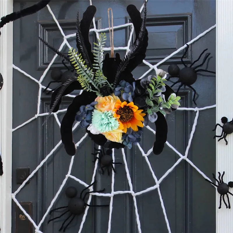 Halloween Spider Wood Sign Wreath Door Hanger Artificial Flower Decorative For Home Window