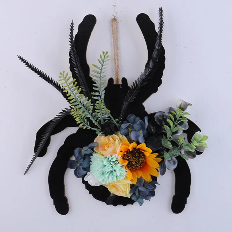 Halloween Spider Wood Sign Wreath Door Hanger Artificial Flower Decorative For Home Window