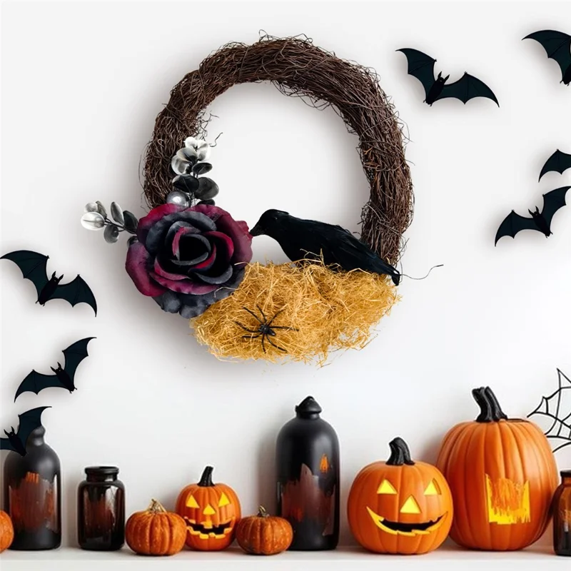 Halloween Dried Branch Rose Crow Wreath Artificial Plant Vine Ring Party Decoration Prop