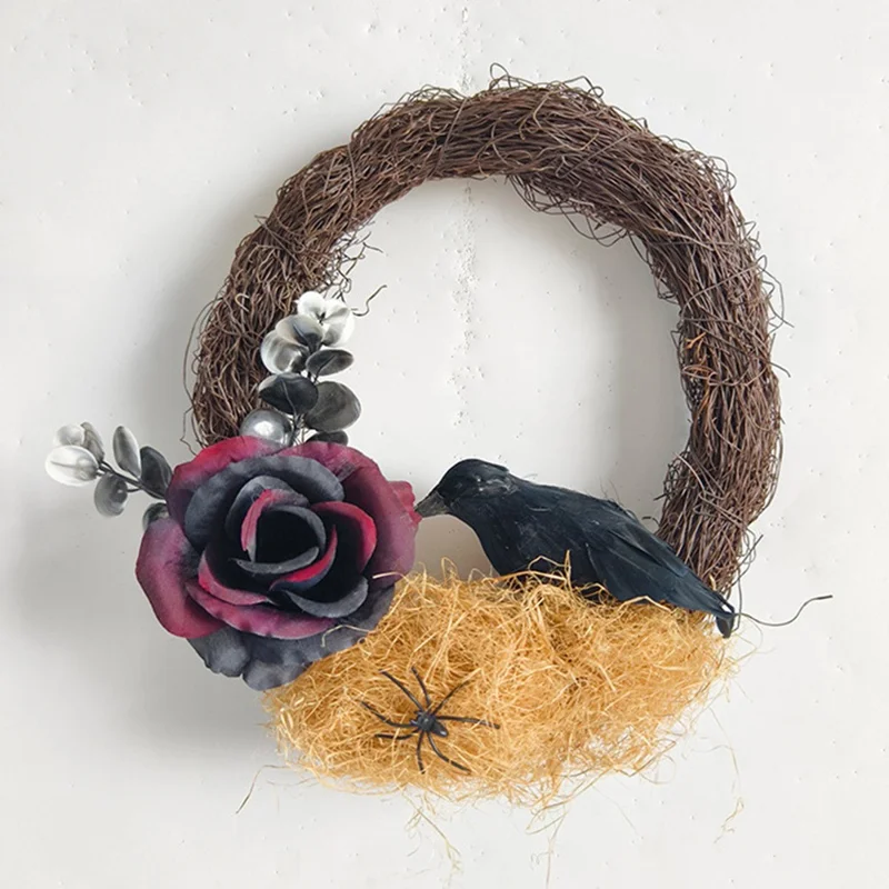Halloween Dried Branch Rose Crow Wreath Artificial Plant Vine Ring Party Decoration Prop