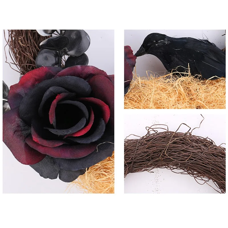 Halloween Dried Branch Rose Crow Wreath Artificial Plant Vine Ring Party Decoration Prop