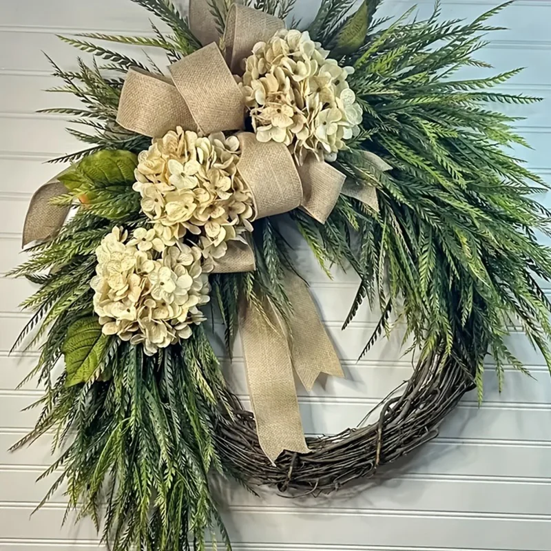 Corona de Hortensias Rústica para Puerta de Entrada, Guirnalda Floral Artificial para Decoración del Hogar - Beige