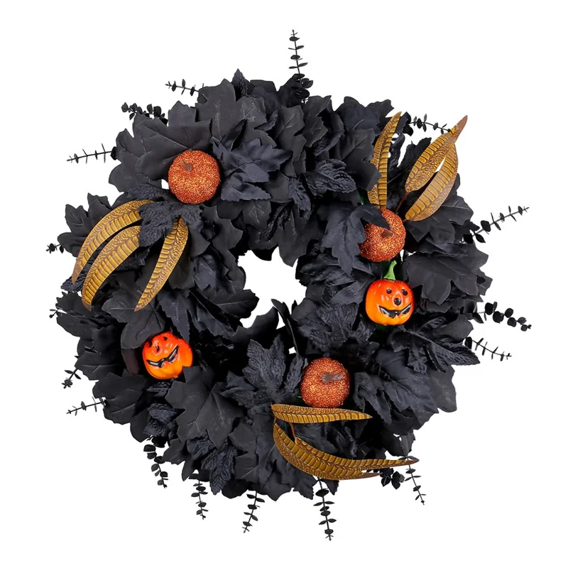 Halloween Black Maple Leaf Wreath For Front Door Autumn Decor With Pumpkin Fall Decoration
