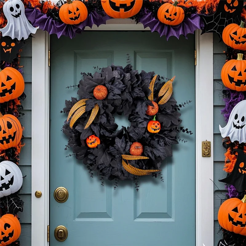Halloween Black Maple Leaf Wreath For Front Door Autumn Decor With Pumpkin Fall Decoration