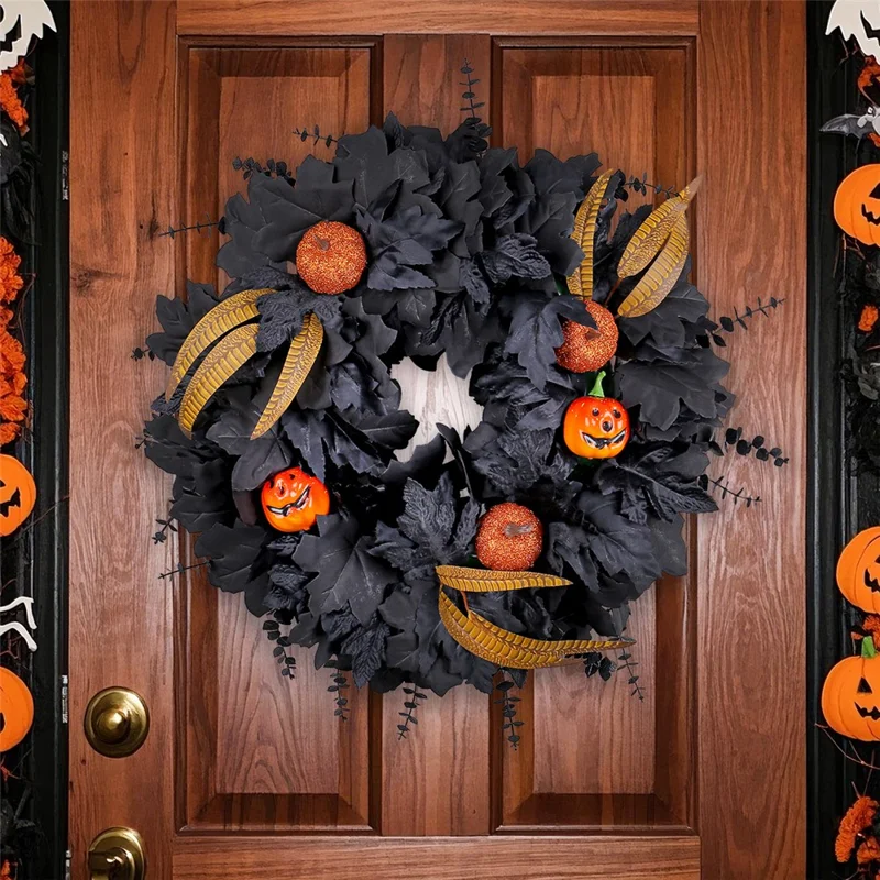 Halloween Black Maple Leaf Wreath For Front Door Autumn Decor With Pumpkin Fall Decoration