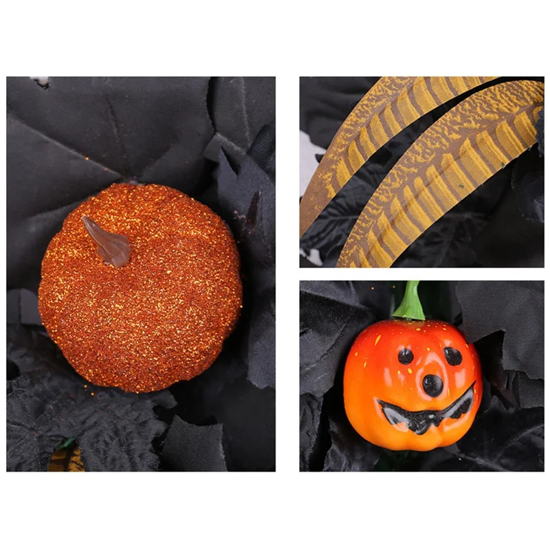 Halloween Black Maple Leaf Wreath For Front Door Autumn Decor With Pumpkin Fall Decoration