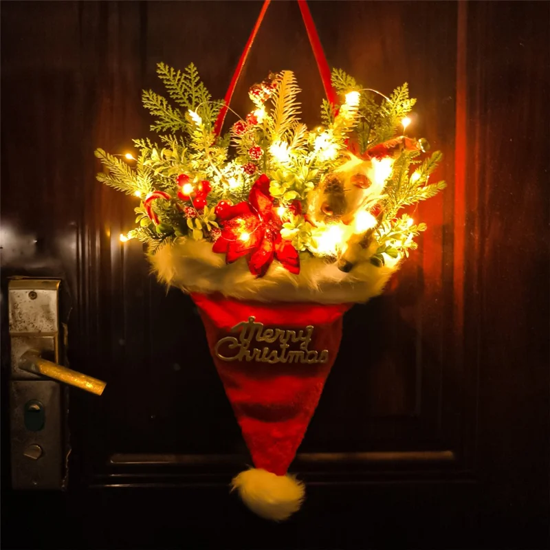Creative Light-Up Christmas Hat Decorative Ornament For Christmas Tree Door Wreath Artificial Pine Garland