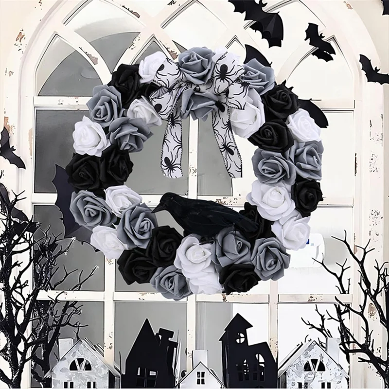 Halloween-Kranz Schwarz Weiß Rose Krähe Gespenstische Party-Dekoration Künstliche Blumengirlande Gruseliger Türbehang