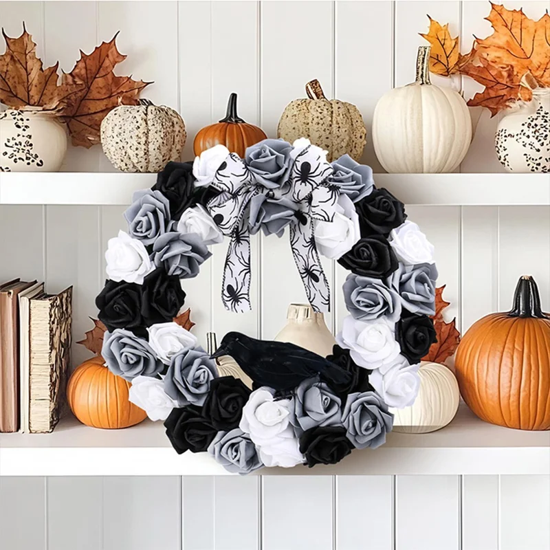 Halloween-Kranz Schwarz Weiß Rose Krähe Gespenstische Party-Dekoration Künstliche Blumengirlande Gruseliger Türbehang