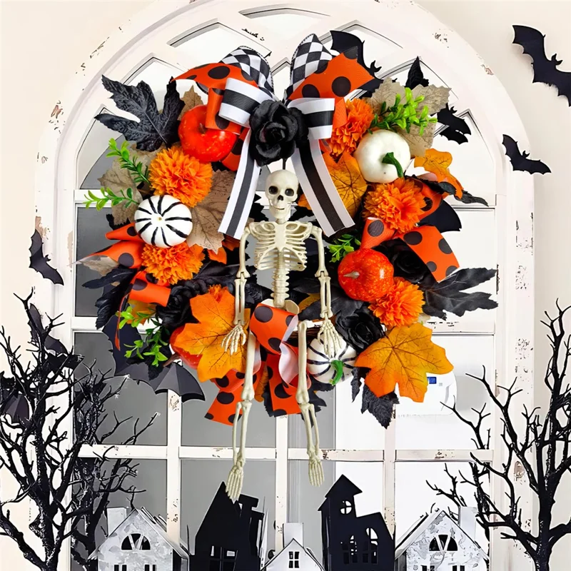 H2-35 40cm Halloween-Kranz Skelett Kürbis Ahornblatt Girlande Türdekoration Unheimliche Atmosphäre