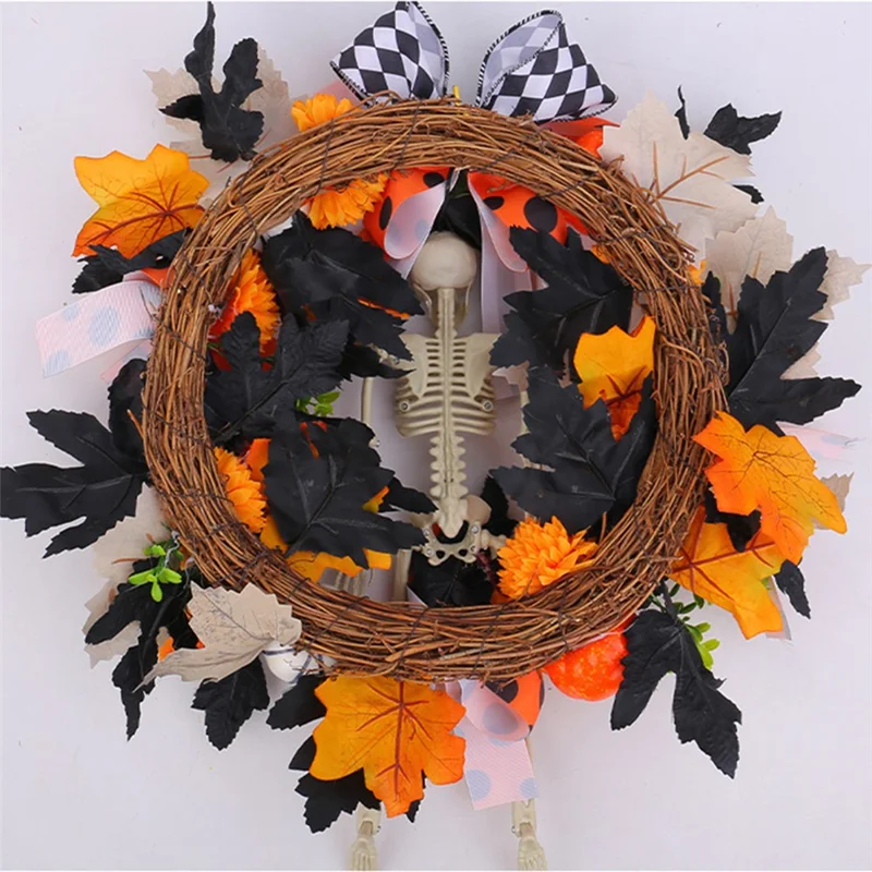 H2-35 40cm Halloween-Kranz Skelett Kürbis Ahornblatt Girlande Türdekoration Unheimliche Atmosphäre