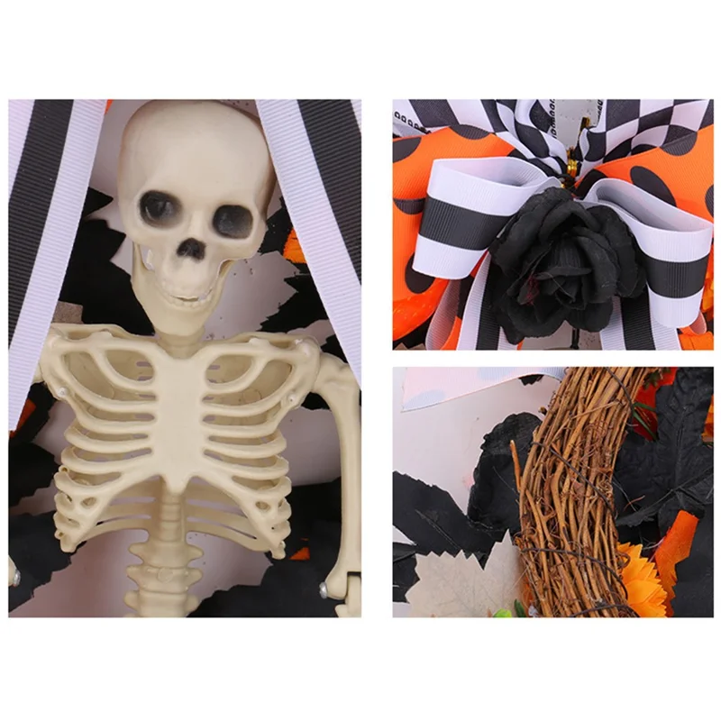 H2-35 40cm Halloween-Kranz Skelett Kürbis Ahornblatt Girlande Türdekoration Unheimliche Atmosphäre