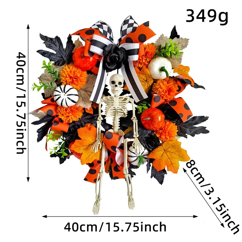 H2-35 40cm Halloween-Kranz Skelett Kürbis Ahornblatt Girlande Türdekoration Unheimliche Atmosphäre