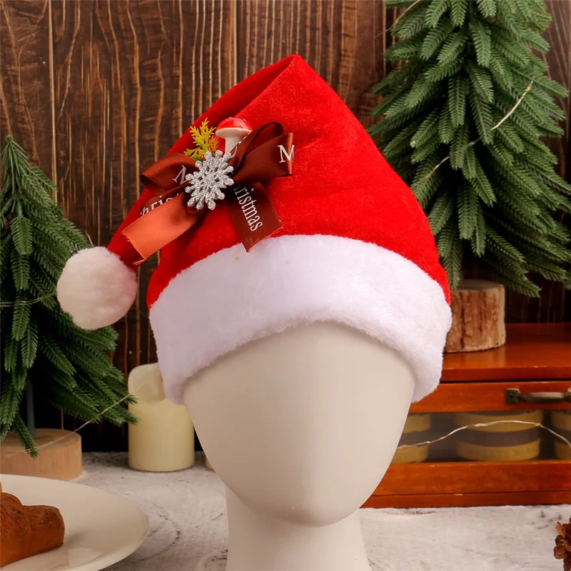 Christmas Hat for Adults Pleuche Santa Claus Cap Xmas Party Holiday Costume Accessory - Brown Bowknot