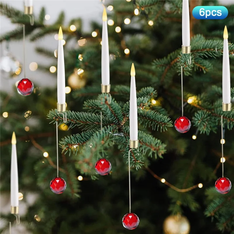 6Pcs Christmas LED Candles Indoor Holiday Ambiance Decorations Tree Ornaments with Remote Control - Red Crystal Ball