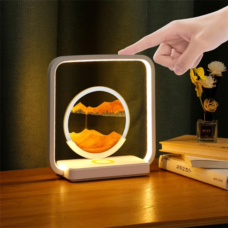 AX-213 Moving Sand Art Decor Lamp 3D Sandscapes Desk Toy Quicksand Painting Light with Wireless Charger - Yellow