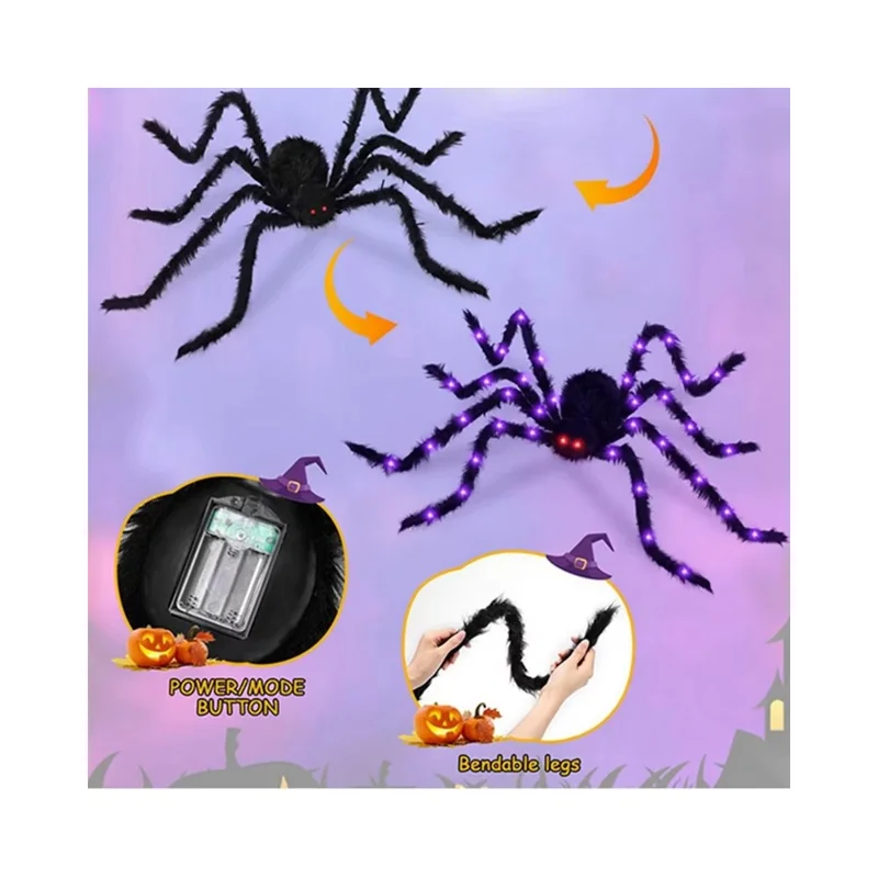 200cm Halloween Giant Spider 8 Modes Light Up Spider Party Decoration Haunted House Prop Gift