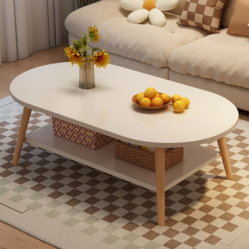 80CM Coffee Table for Living Room Sofa Wood Legs Low Table Double Layer Oval Design Storage Holder - White