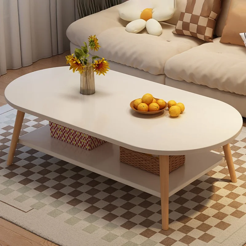 100CM Coffee Table for Living Room Sofa Wood Legs Low Table Double Layer Oval Design Storage Holder - White