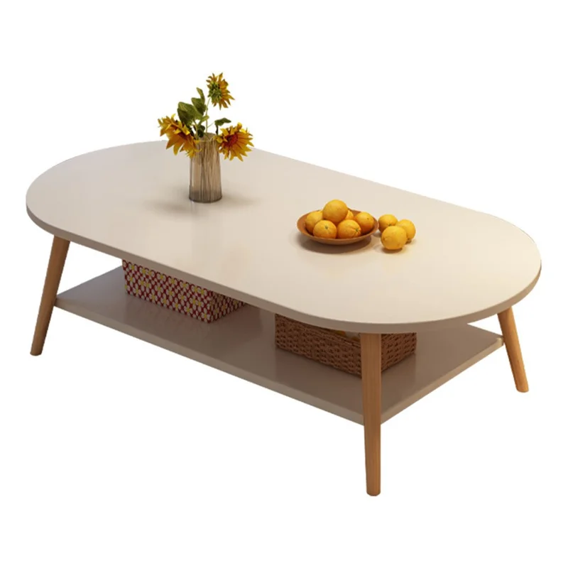 100CM Coffee Table for Living Room Sofa Wood Legs Low Table Double Layer Oval Design Storage Holder - White