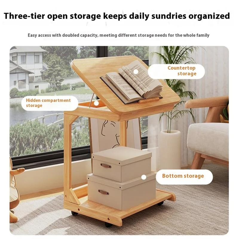 C-Shaped Bedside Table with Wheels 40CM Removable Overbed Desk Tilt Top Rolling Nightstand for Bedroom - Walnut