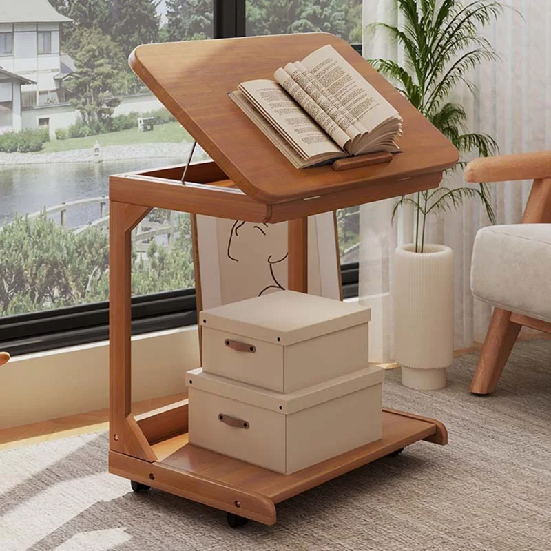 C-Shaped Bedside Table with Wheels 60CM Removable Overbed Desk Tilt Top Rolling Nightstand for Bedroom - Walnut