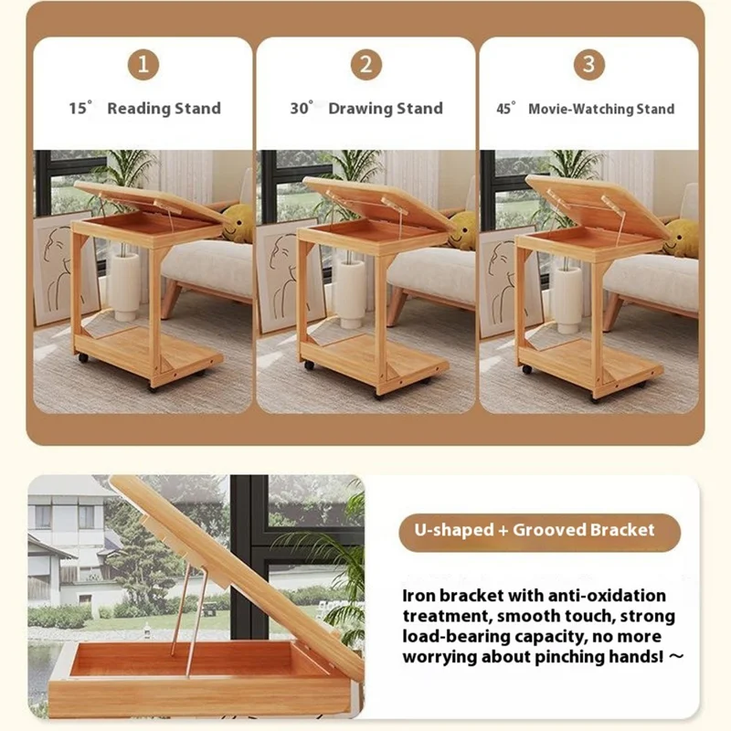 C-Shaped Bedside Table with Wheels 60CM Removable Overbed Desk Tilt Top Rolling Nightstand for Bedroom - Walnut