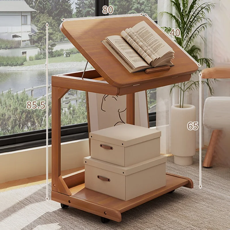 C-formet sengebord med hjul 80 cm, aftageligt skrivebord over sengen, kipbart bord til værelse - mørk valnød