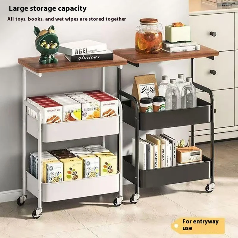 Side Table Storage Cart Living Room Sofa Tea Table Bedroom Kitchen Organizer Rack with Wheels - Black