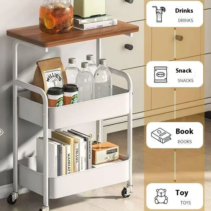 Side Table Storage Cart Living Room Sofa Tea Table Bedroom Kitchen Organizer Rack with Wheels - Black