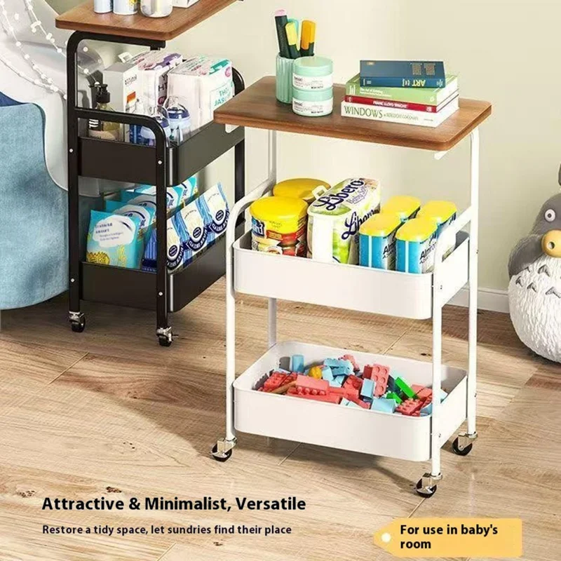 Side Table Storage Cart Living Room Sofa Tea Table Bedroom Kitchen Organizer Rack with Wheels - Black