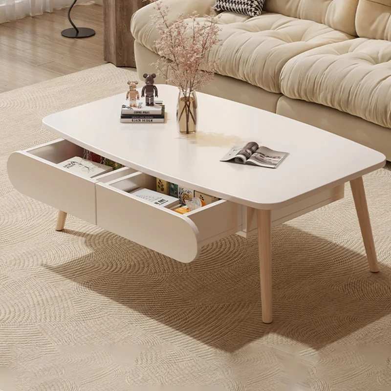 Coffee Table with Drawer For Living Room Single Layer Wide Top Storage Space Multipurpose Low Table - Warm White