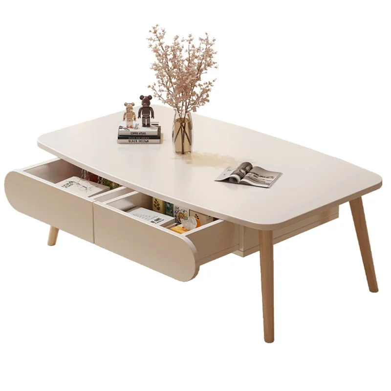 Coffee Table with Drawer For Living Room Single Layer Wide Top Storage Space Multipurpose Low Table - Warm White