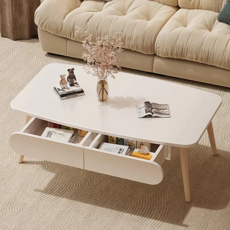 Coffee Table with Drawer For Living Room Single Layer Wide Top Storage Space Multipurpose Low Table - Warm White