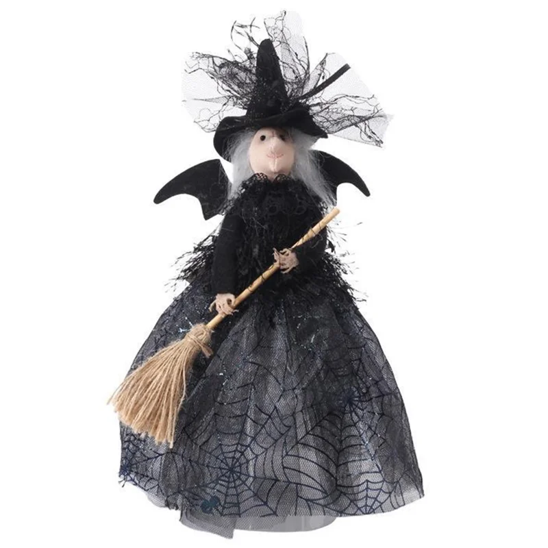 28.5cm Witch Doll with Broomstick Halloween Ornament Gift Tree Topper Table Decoration - Black