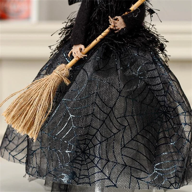 28.5cm Witch Doll with Broomstick Halloween Ornament Gift Tree Topper Table Decoration - Black