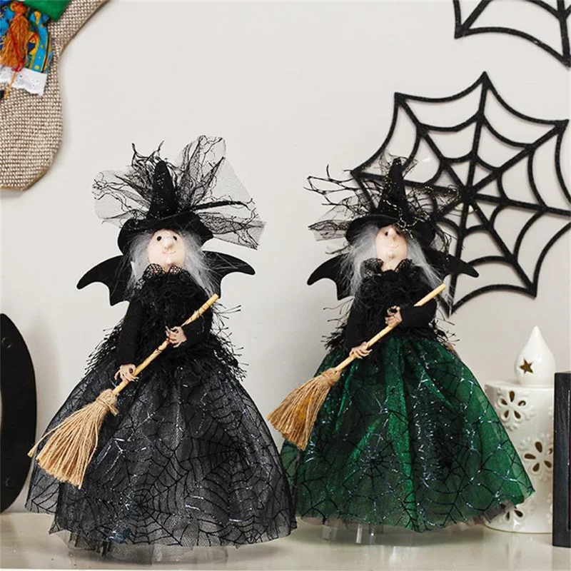 28.5cm Witch Doll with Broomstick Halloween Ornament Gift Tree Topper Table Decoration - Black