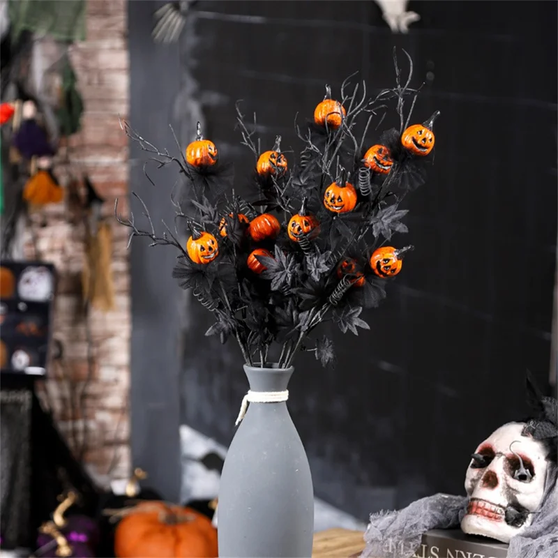 Artificial Pumpkin Black Maple Leaf Stem Spooky Halloween Branch Decoration Party Prop Gifts