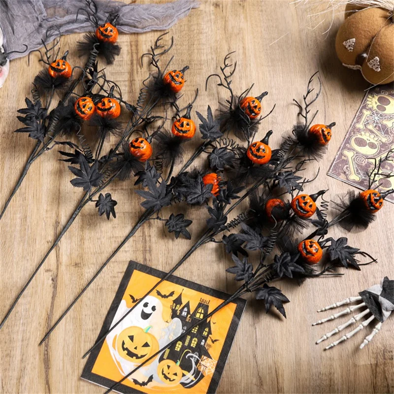 Artificial Pumpkin Black Maple Leaf Stem Spooky Halloween Branch Decoration Party Prop Gifts