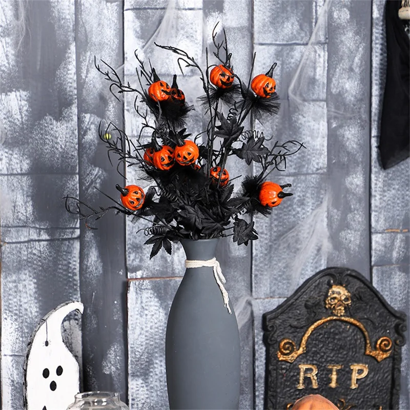Artificial Pumpkin Black Maple Leaf Stem Spooky Halloween Branch Decoration Party Prop Gifts